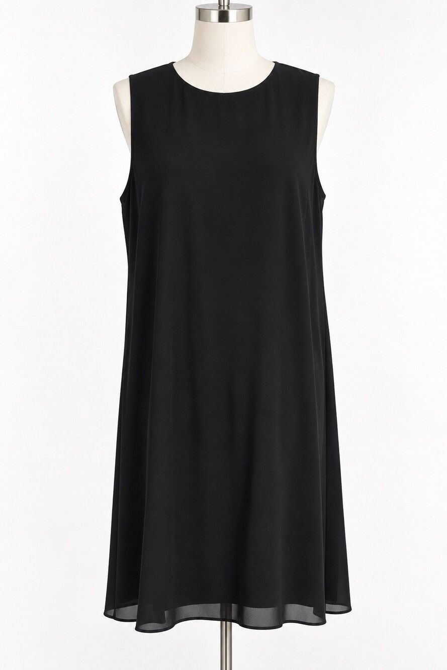 EILEEN FISHER Black Silk Georgette Crepe Overlay Sleeveless Dress Size L